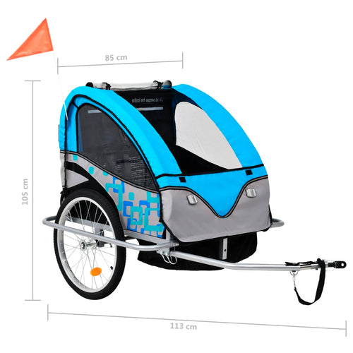 Cykelvagn och barnvagn 2-i-1 blå och grå