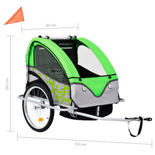 Cykelvagn och barnvagn 2-i-1 grön och grå